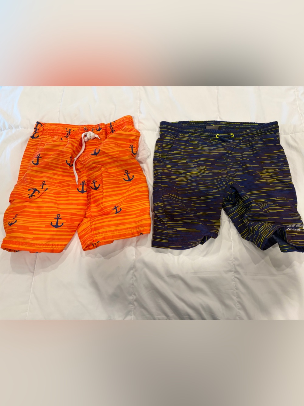 Eddie Bauer Bright Orange Anchor & Navy Striped Kids Swim Trunks - 2 Pack boys